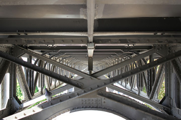Closeup support Metalic steel Bridge frame structure with beam and bolts, commercial background advertising