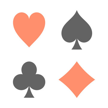 Playing cards suits. Spades, hearts, diamonds, clubs icons. Game cards signs. Isolated vector illustration