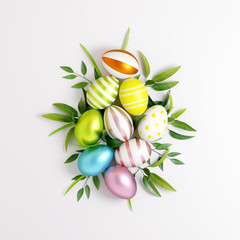 Colorful Easter eggs and green leaves on white bright background. Creative design. 3d rendering