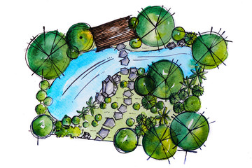 Landscape architect plan design by watercolor hand drawn painting with brushes strokes.Colorful splashing in the paper.It's wet texture background for creative wallpaper,floral card and art work.