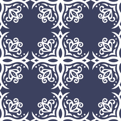 Elegance tile seamless vector pattern light gray tracery on dark blue background. Ornate print