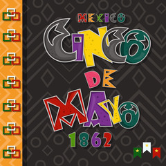 poster card layout for the design of stickers, leaflets, covers, text colored inscription calligraphy on the theme of Cinco de mayo in the style of flat