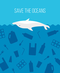 Banner stop ocean plastic pollution. Ecological poster with dolphin dead in plastic garbage on blue background. Water waste problem concept. Vector flat illustration 