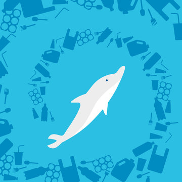 Banner stop ocean plastic pollution. Ecological poster with dolphin under block of plastic garbage. Water waste problem concept SAVE THE OCEANS. Vector flat illustration 