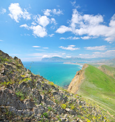 Fototapeta na wymiar Sea and mountains spring bay panorama.