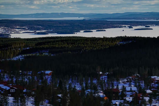 Orsa, Dalarna province, Sweden Views over the frozen Orsa Lake on a sunny winter day.