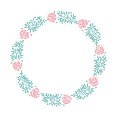 Vector illustration pink flower frame with light blue leaf hand drawn