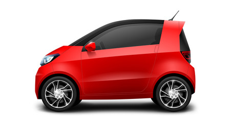 Red Generic Compact Small Car On White Background. Microcar Or Citycar Illustration With Isolated Path.