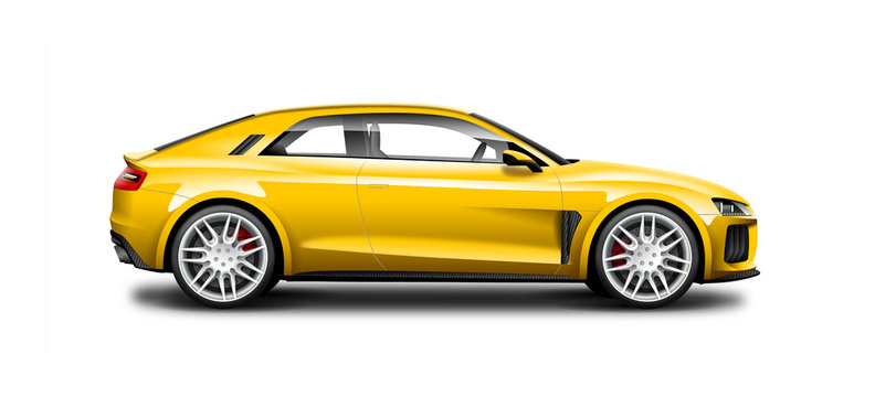 Yellow Coupe Sporty Car On White Background. Side View With Isolated Path.
