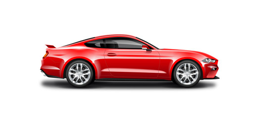 Red Coupe Sporty Car. Generic Automobile With Carbon Fiber Surface On White Background. Side View With Isolated Path.
