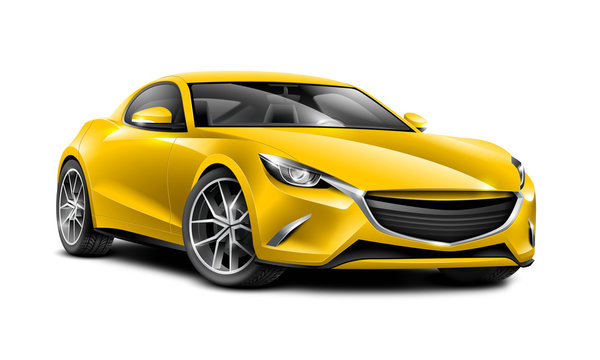 Yellow Sport Coupe Car. Generic Automobile S Class With Glossy Surface With Isolated Path. 