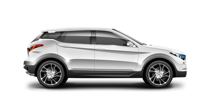White Metallic Generic SUV Car. Off Road Crossover On White Background. Side View With Isolated Path