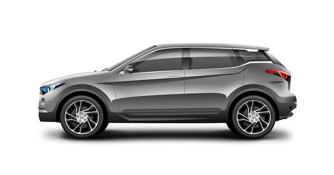 Grey Generic SUV Car. Off Road Crossover On White Background. Side View With Isolated Path