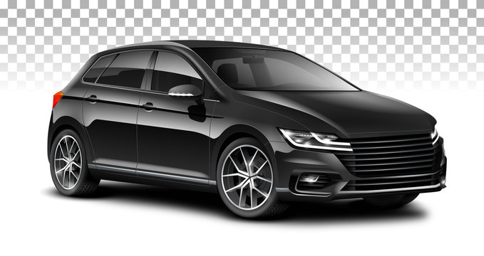 Black Hatchback Generic Car. City Car With Glossy Surface With Isolated Path
