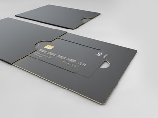 Black blank credit cards mockup on gray background. 3d illustration