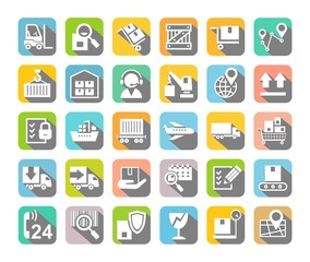 Shipping, flat icons, colored, gray shadow, vector. Cargo transportation and delivery of goods. White flat icons on a colored background with gray shadow. Vector clip art.  