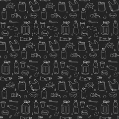 Seamless pattern of hand drawn doodle Stop plastic pollution icons Vector illustration sketchy symbols Cartoon elements Bag Bottle Recycle sign Package Disposal waste Contamination disposable dish