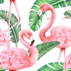 Sewing fabric with jungle palm leaf and flamingo seamless pattern ...