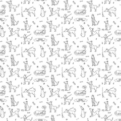 Seamless pattern with hand drawn doodle set of cute dogs Vector illustration set Cartoon normal everyday home pets activities symbols Sketchy fun puppy collection howl play sleep walk eat ask for food