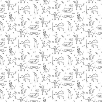 Seamless pattern with hand drawn doodle set of cute dogs Vector illustration set Cartoon normal everyday home pets activities symbols Sketchy fun puppy collection howl play sleep walk eat ask for food