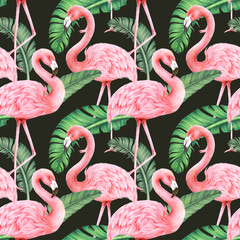 jungle palm leaf and flamingo seamless pattern,colored pencil drawing techniques,illustration