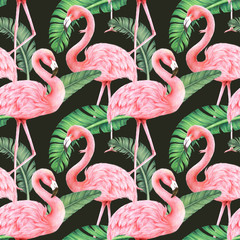 jungle palm leaf and flamingo seamless pattern,colored pencil drawing techniques,illustration © TATTA