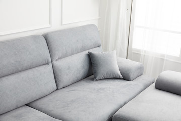 Scandinavian style livingroom with fabric sofa, sofa table. morning image with plant. sofa table on the lug.