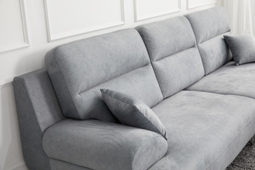 Scandinavian style livingroom with fabric sofa, sofa table. morning image with plant. sofa table on the lug.