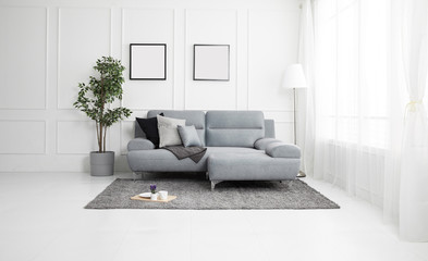 Scandinavian style livingroom with fabric sofa, sofa table. morning image with plant. sofa table on the lug.