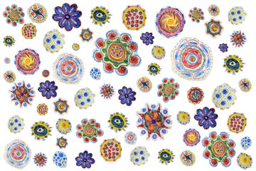  hand drawing pattern. background of pencil-drawn colorful flowers.  13 unique doodles