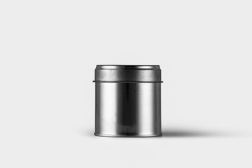 Tin Can Mock-up isolated on soft gray background. Can be used for your design and branding.