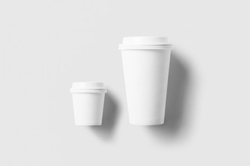 Paper cups with cap  isolated on soft gray background.Can be used for your design and branding. 3D rendering