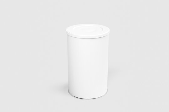 Round white Tin Can Mock up with lid. Container for tea, coffee, sugar, cereals, candy, spice, snack.3D rendering