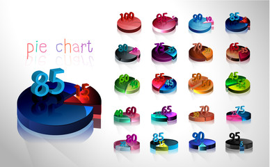 Set of business cycle flow diagrams, pie chart for documents,reports,presentations,infographic,0 5 10 15 20 25 30 35 40 45 50 55 60 65 70 75 80 85 90 95 100 percent clock style. Vector illustration.
