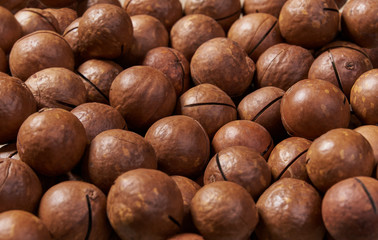 Unshelled macadamia nuts background close-up.