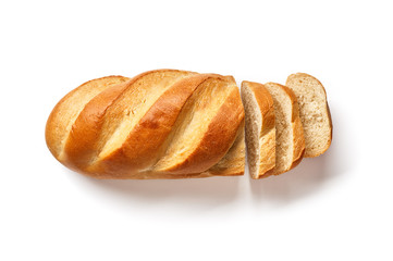 White sliced bread. Loaf isolated on white background. Top view.