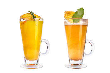 Various colorful fruit smoothies in glass mugs on white background.