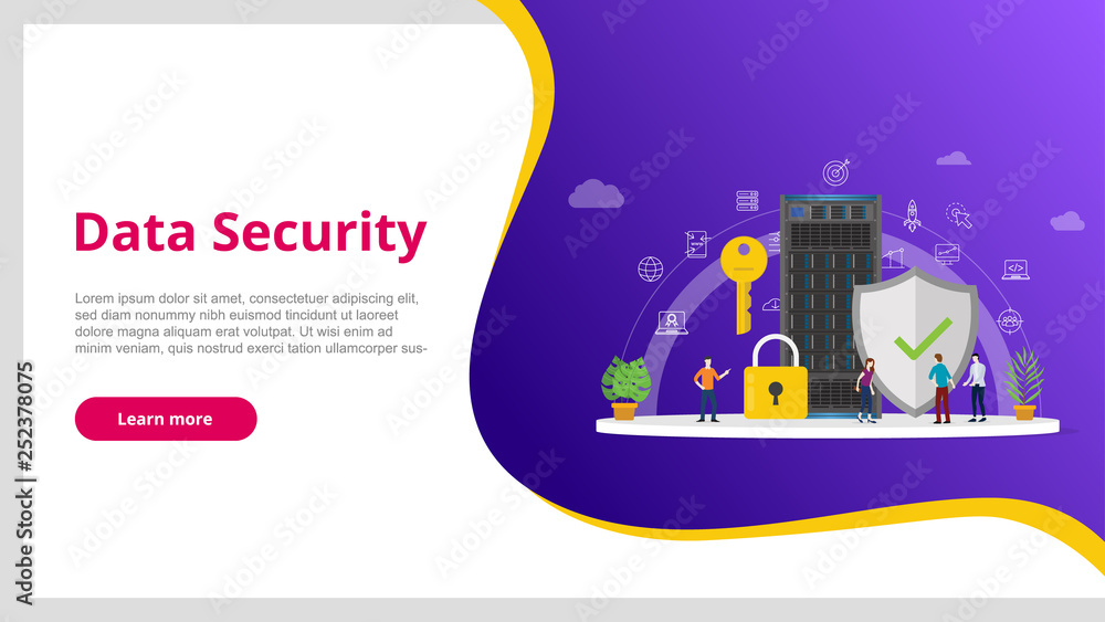 Poster data security concept with people and server and secure icon database for website template banner de