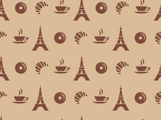 Vector seamless pattern for cafes, or for packing products. Pastries, coffee, Paris.