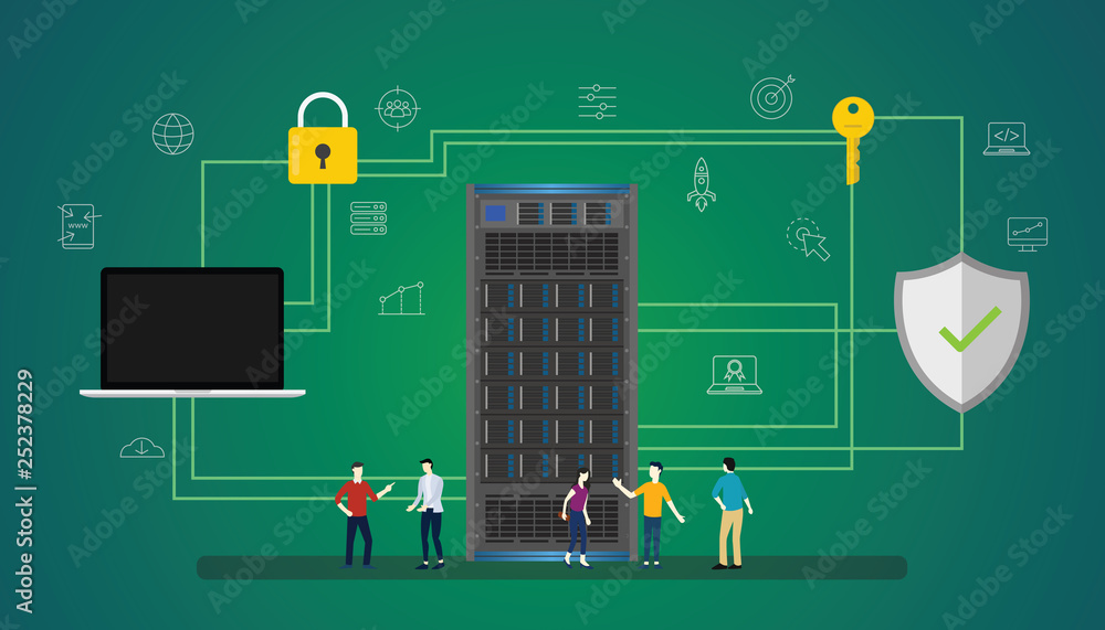 Poster data security concept with people server and secure icon database - vector illustration