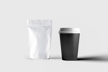 Fototapeta na wymiar Foil Paper Food Bag Package and cup of Coffee on soft gray background. Mock Up Template Ready For Your Design.3D illustration