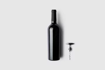 Fotobehang Red wine bottle and corkscrew on soft gray background.3D illustration © sabir