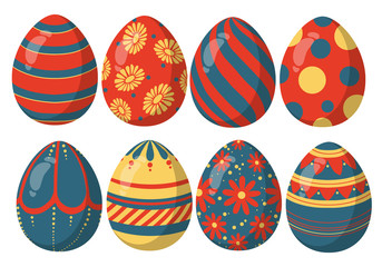 Colorfull red, blue and golden shiny vector collection mix of easter eggs with different beautiful patterns