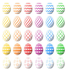 Set of white Easter eggs with various colorful patterns. High quality vector.