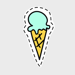 Isolated image for badge, sticker or patch. Vector illustration. Delicious horn with ice cream