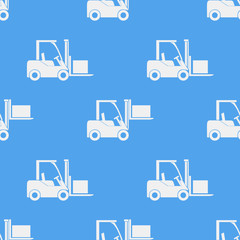Seamless pattern of forklift truck. Transportation of goods in stock. Vector  illustration