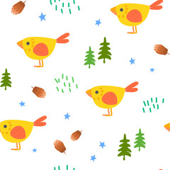 Obraz premium Funny birds among the forest thicket. Cute children's seamless pattern. Bright ornament is great for prints, textiles, covers, gift wrappers, backdrops.