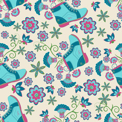seamless pattern with shoes and flowers