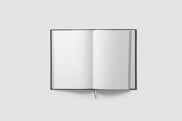 Black leather notebook mock-up on light grey background.Can be used for your design and branding.3D illustration.