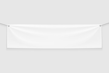 Empty white Banner Mock up with folds on ropes.Isolated on light gray background.3D rendering.